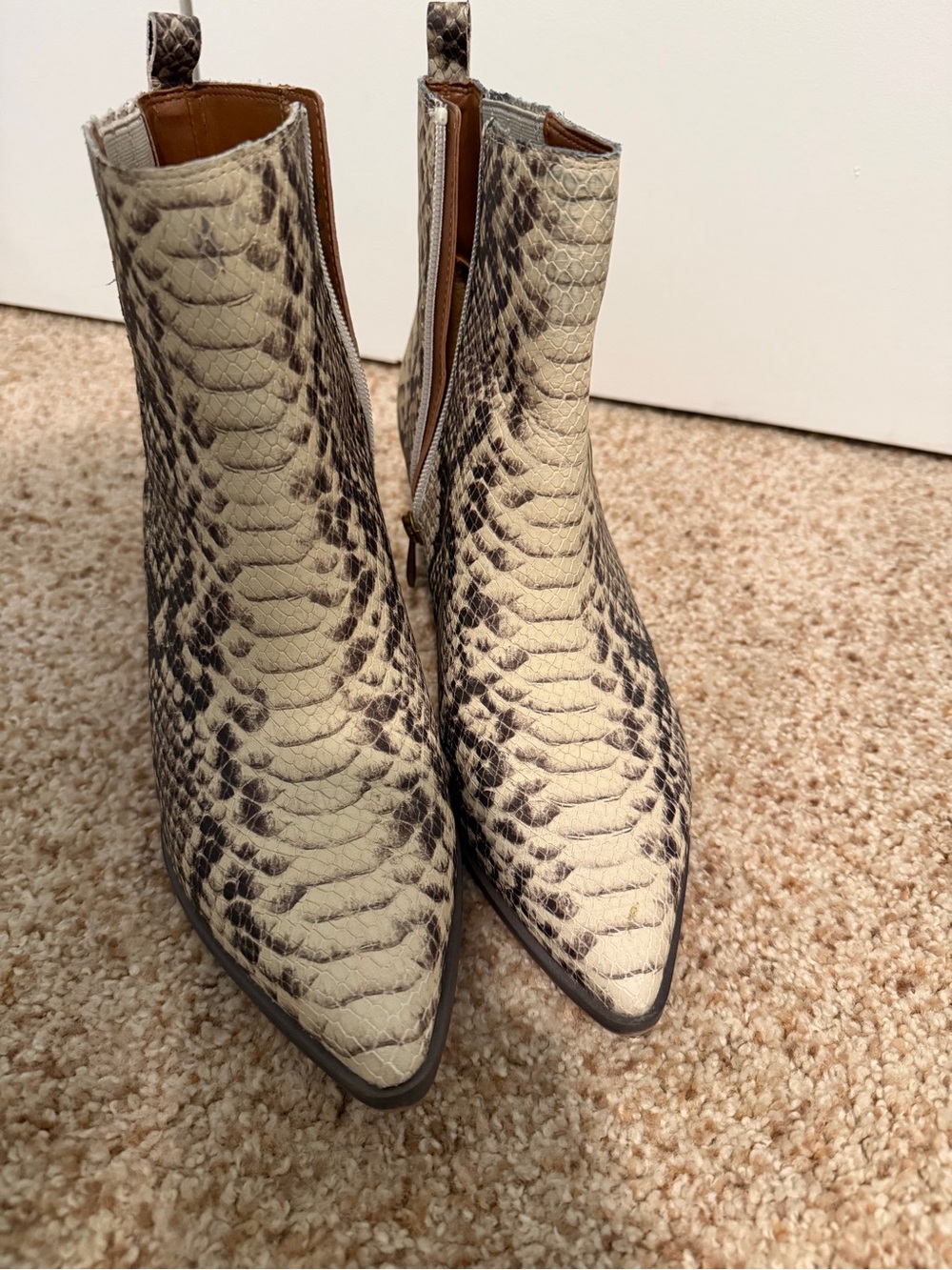 Franco Sarto Cream and Black Snakeskin Pointed Ankle Boots